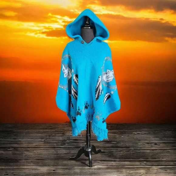 Turquoise Wolf Dream Catcher Adult Wool Poncho Hooded OSFA Maqui Southwestern - Picture 1 of 8